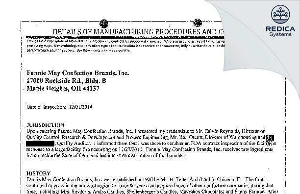 EIR - Fannie May Confections Brands Inc [Twinsburg / United States of America] - Download PDF - Redica Systems