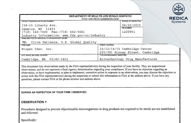 FDA 483 - Biogen, Inc. [Cambridge / United States of America] - Download PDF - Redica Systems