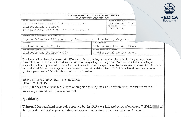 FDA 483 - Philadelphia FIGHT IRB [Philadelphia / United States of America] - Download PDF - Redica Systems