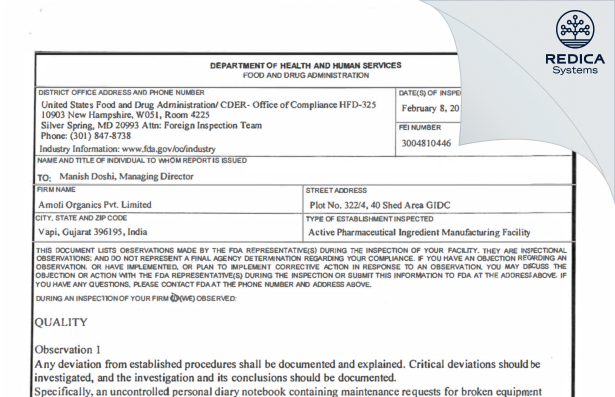 FDA 483 - AMOLI ORGANICS PRIVATE LIMITED [India / India] - Download PDF - Redica Systems