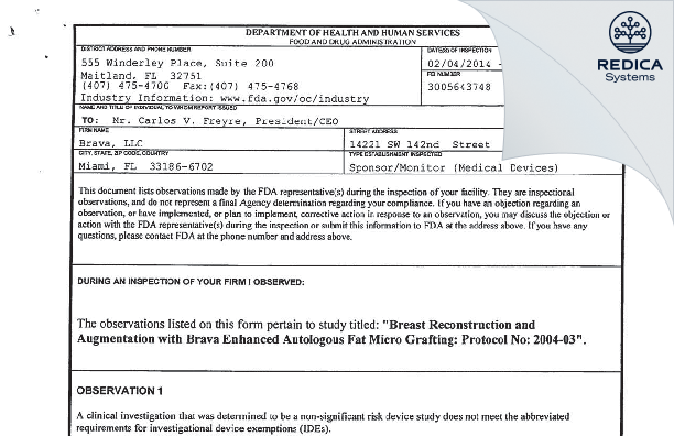 FDA 483 - Brava, LLC [Miami / United States of America] - Download PDF - Redica Systems
