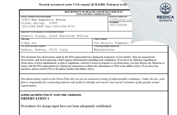 FDA 483 - D-Eye srl [Padova / Italy] - Download PDF - Redica Systems