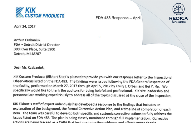 FDA 483 Response - Accra Pac, Inc. dba Voyant Beauty [Elkhart / United States of America] - Download PDF - Redica Systems