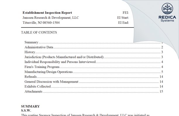 EIR - Janssen Research & Development, LLC [Titusville / United States of America] - Download PDF - Redica Systems