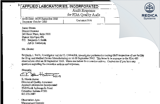 FDA 483 Response - Applied Laboratories, Inc. [Columbus / United States of America] - Download PDF - Redica Systems