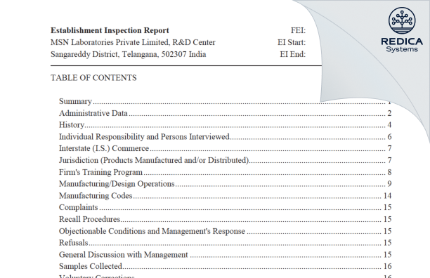 EIR - MSN Laboratories Private Limited [India / India] - Download PDF - Redica Systems