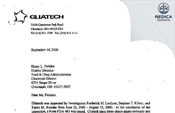 FDA 483 Response - Gliatech Inc [Beachwood / United States of America] - Download PDF - Redica Systems