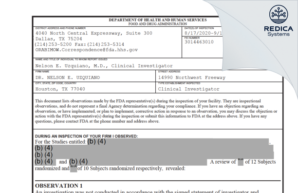 FDA 483 - DR. NELSON E. UZQUIANO [Houston / United States of America] - Download PDF - Redica Systems