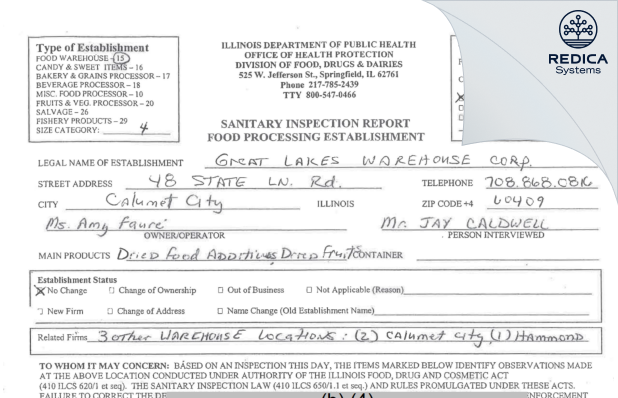 FDA 483 - GREAT LAKES WAREHOUSE CORPORATION [Calumet City / United States of America] - Download PDF - Redica Systems