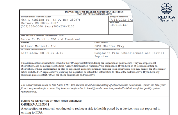 FDA 483 - Allison Medical, Inc. [Littleton / United States of America] - Download PDF - Redica Systems