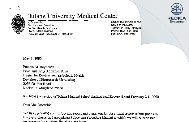FDA 483 Response - Tulane University Health Science Center IRB [New Orleans / United States of America] - Download PDF - Redica Systems