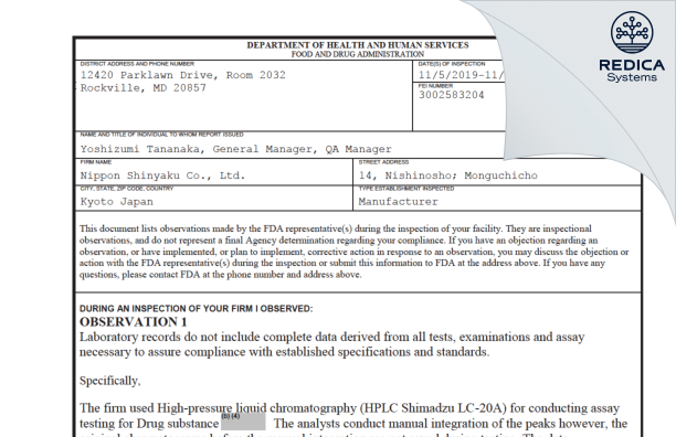 FDA 483 - Nippon Shinyaku Co., Ltd. [Kyoto / Japan] - Download PDF - Redica Systems
