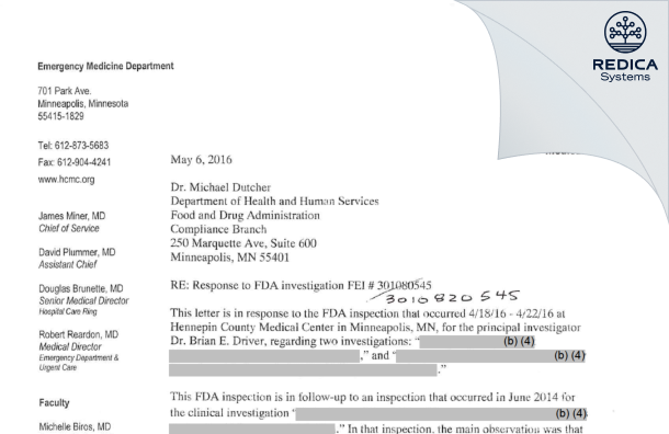 FDA 483 Response - Brian E. Driver, MD, Sponsor/Investigator [Minneapolis / United States of America] - Download PDF - Redica Systems