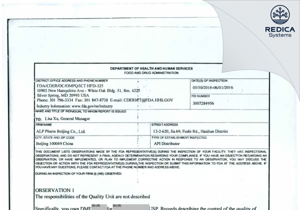 FDA 483 - ALP Pharm Beijing Co., Ltd [Beijing / China] - Download PDF - Redica Systems