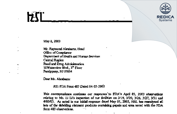 FDA 483 Response - Health Science Laboratories & Services Inc. [Riverdale / United States of America] - Download PDF - Redica Systems