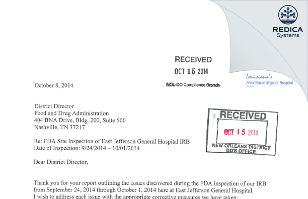 FDA 483 Response - East Jefferson General Hospital IRB [Metairie / United States of America] - Download PDF - Redica Systems