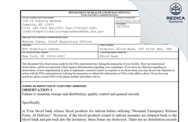 FDA 483 - NYU Hospitals Center [New York / United States of America] - Download PDF - Redica Systems