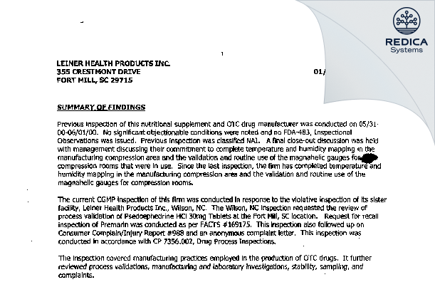 EIR - Leiner Health Product, Llc [Fort Mill / United States of America] - Download PDF - Redica Systems