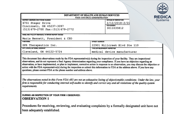 FDA 483 - SPR Therapeutics Inc. [Cleveland / United States of America] - Download PDF - Redica Systems