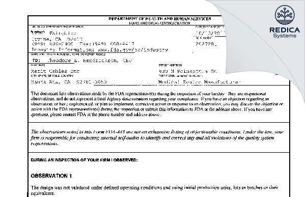 FDA 483 - Merit Cables Inc [Santa Ana / United States of America] - Download PDF - Redica Systems