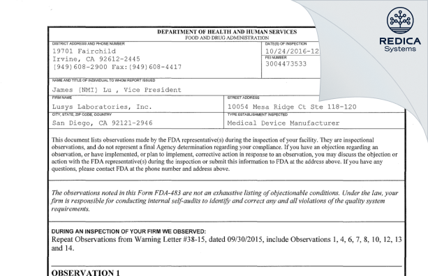 FDA 483 - Lusys Laboratories, Inc. [San Diego / United States of America] - Download PDF - Redica Systems