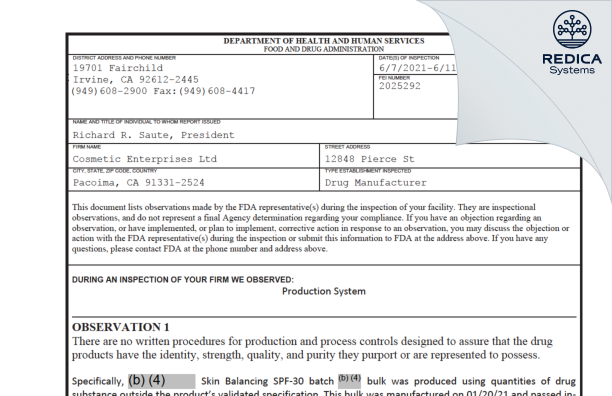FDA 483 - Cosmetic Enterprises Ltd [California / United States of America] - Download PDF - Redica Systems