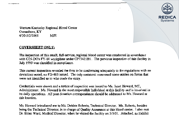 EIR - Western Kentucky Regional Blood Ctr [Owensboro / United States of America] - Download PDF - Redica Systems