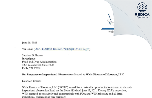 FDA 483 Response - Wells Pharma of Houston LLC [Houston / United States of America] - Download PDF - Redica Systems