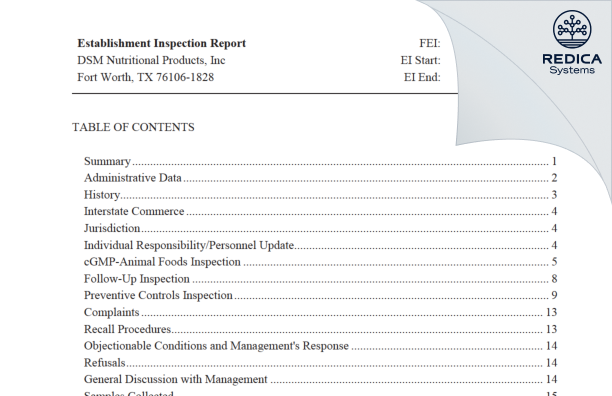 EIR - DSM Nutritional Products, LLC [Fort Worth / United States of America] - Download PDF - Redica Systems