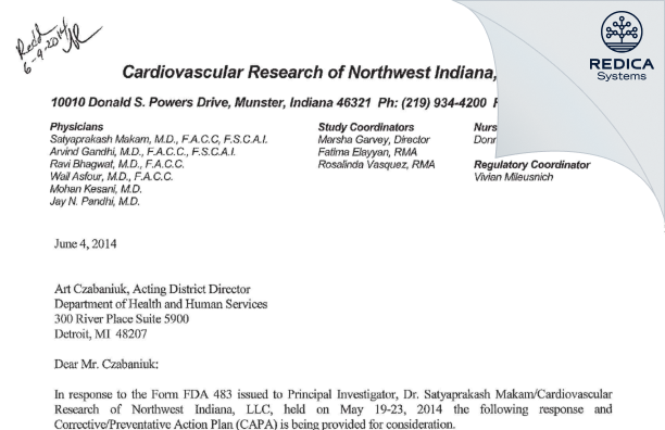 FDA 483 Response - Satyaprakash N. Makam, MD [Munster / United States of America] - Download PDF - Redica Systems
