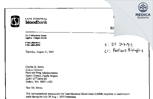 FDA 483 Response - Bloodworks Northwest [Eugene / United States of America] - Download PDF - Redica Systems