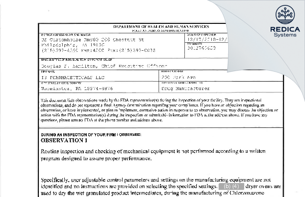 FDA 483 - I 3 PHARMACEUTICALS, LLC [Warminster Pennsylvania / United States of America] - Download PDF - Redica Systems