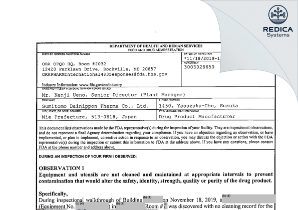 FDA 483 - Sumitomo Pharma Co., Ltd. [Suzuka / Japan] - Download PDF - Redica Systems