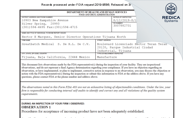 FDA 483 - Greatbatch Medical S. De R.L. De C.V. [Tijuana / Mexico] - Download PDF - Redica Systems
