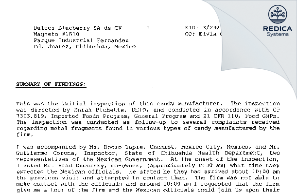 EIR - Dulces Blueberry, S.A. De C.V. [Ciudad Juarez / Mexico] - Download PDF - Redica Systems