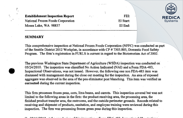 EIR - National Frozen Foods Corporation [Moses Lake / United States of America] - Download PDF - Redica Systems