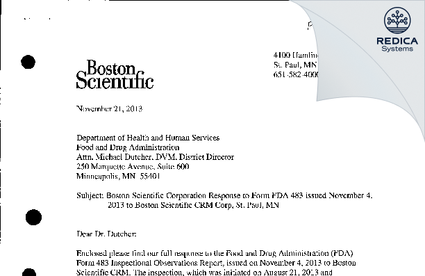 FDA 483 Response - Boston Scientific Corporation [Saint Paul / United States of America] - Download PDF - Redica Systems