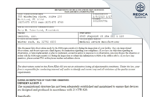 FDA 483 - Genicon, Inc. [Winter Park / United States of America] - Download PDF - Redica Systems