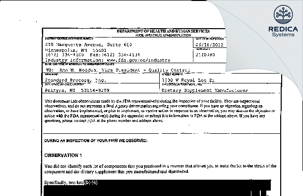 FDA 483 - Standard Process, Inc. [Palmyra / United States of America] - Download PDF - Redica Systems