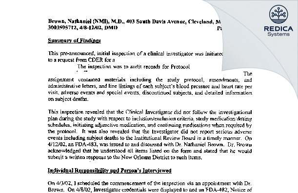 EIR - Brown, MD, Nate [Cleveland / United States of America] - Download PDF - Redica Systems
