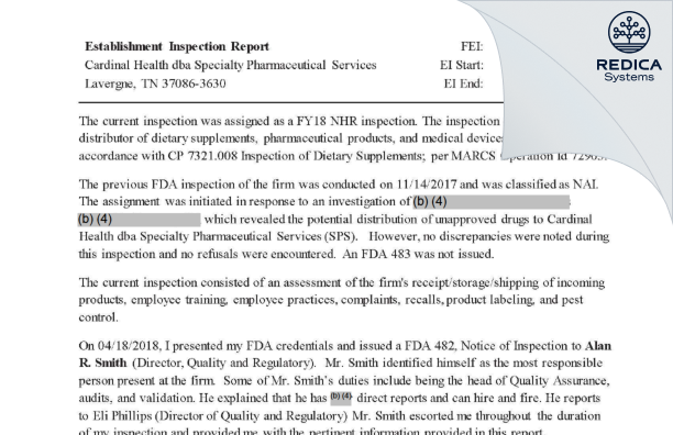 EIR - Cardinal Health dba Specialty Pharmaceutical Services [La Vergne / United States of America] - Download PDF - Redica Systems