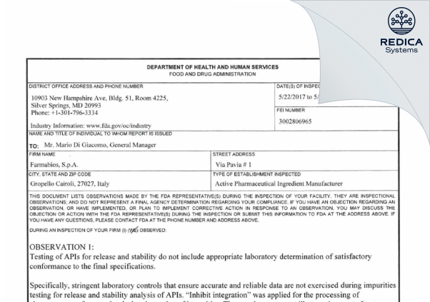 FDA 483 - Farmabios S.p.A. [Italy / Italy] - Download PDF - Redica Systems