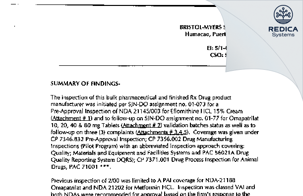 EIR - Bristol-Myers Squibb Manufacturing Company Unlimited Company [Rico / United States of America] - Download PDF - Redica Systems