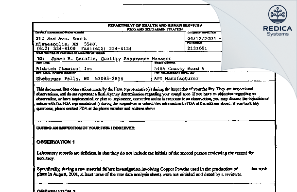FDA 483 - Aldrich Chemical Company, LLC [Sheboygan Falls / United States of America] - Download PDF - Redica Systems