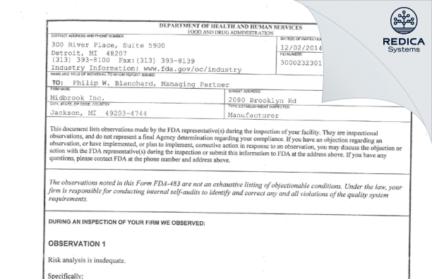 FDA 483 - Midbrook Inc. [Jackson / United States of America] - Download PDF - Redica Systems