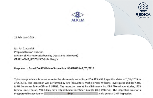 FDA 483 Response - S&B Pharma LLC DBA Alkem Laboratories [Fenton / United States of America] - Download PDF - Redica Systems
