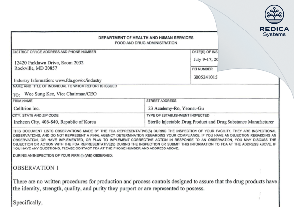 FDA 483 - CELLTRION Inc [Korea South / Korea (Republic of)] - Download PDF - Redica Systems
