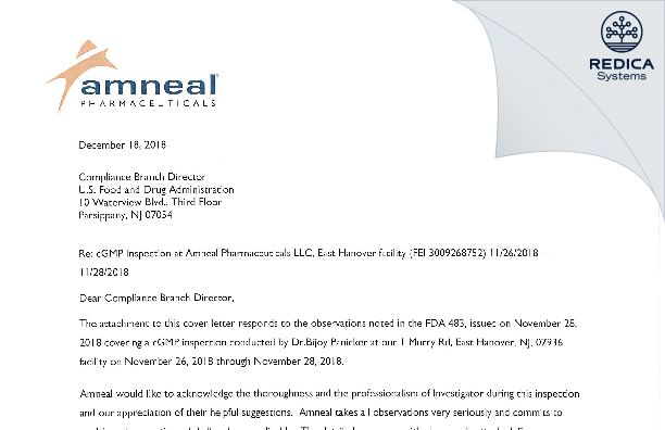 FDA 483 Response - Amneal Pharmaceuticals, LLC [East Hanover / United States of America] - Download PDF - Redica Systems