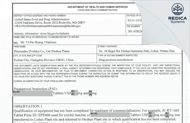 FDA 483 - Pharmadax (Foshan) Co., Ltd. (Heshun Plant) [Foshan City / China] - Download PDF - Redica Systems