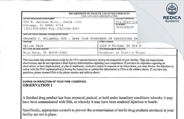FDA 483 - Option Care Enterprises dba Option Care [Wood Dale / United States of America] - Download PDF - Redica Systems
